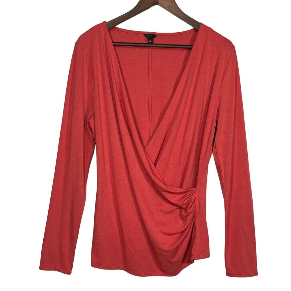 Ann‎ Taylor Crossover Blouse Women Size L Pink Rayon Blend Stretch Long Sleeve